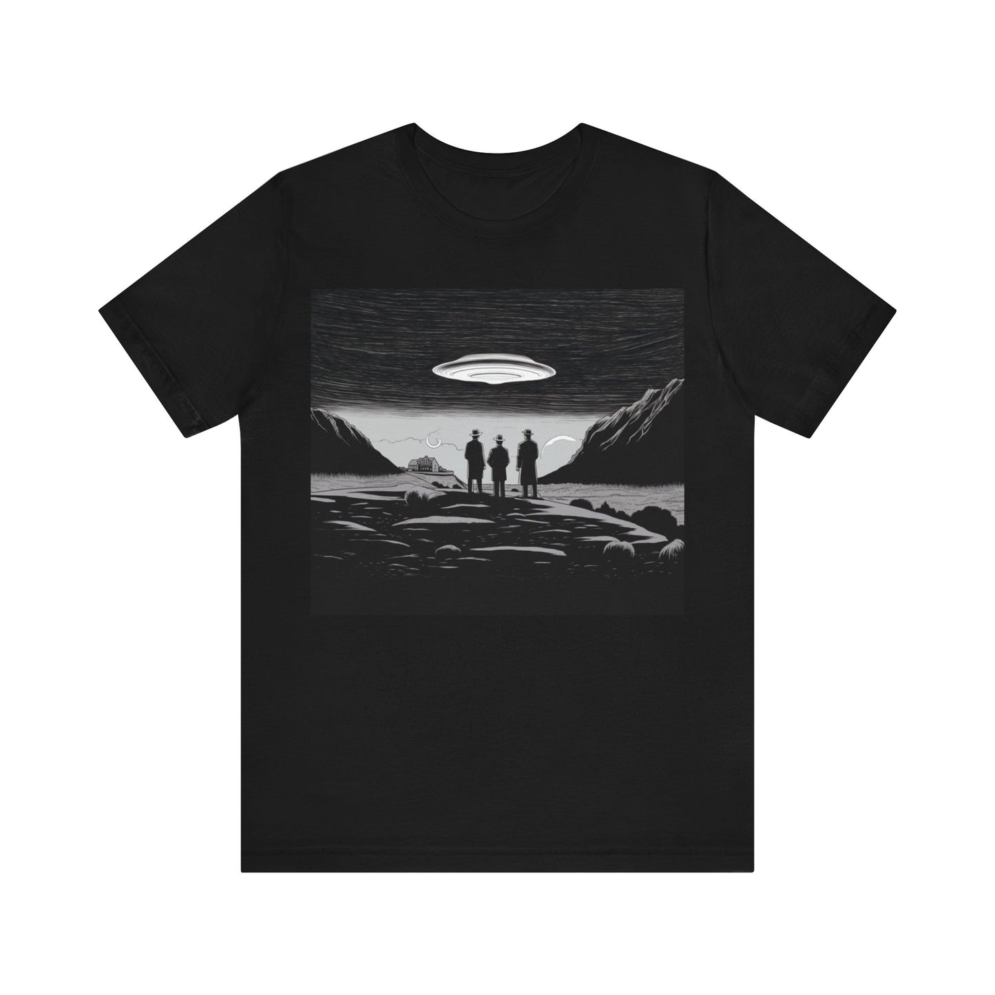 Three Men in Black Watching a UFO - Flying Saucer